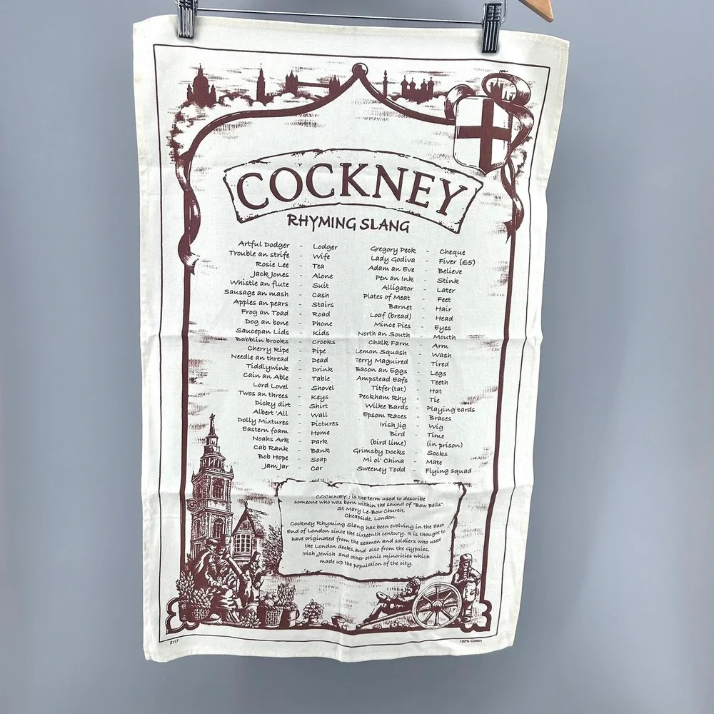 Cockney Rhyming Slang Tea Towel London British Heritage Cotton Cream Novelty